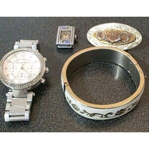 Vintage Lot Jewelry Watch Hinged Bangle Bracelet Gold Tone W White Enamel Choker